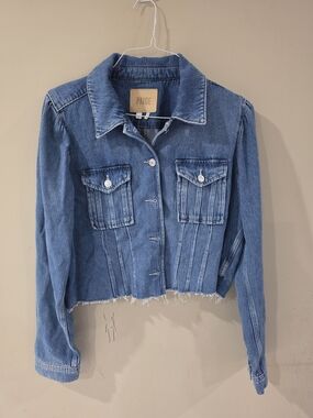 PAIGE Cropped Raw Hem Denim Jacket Blue Size XL